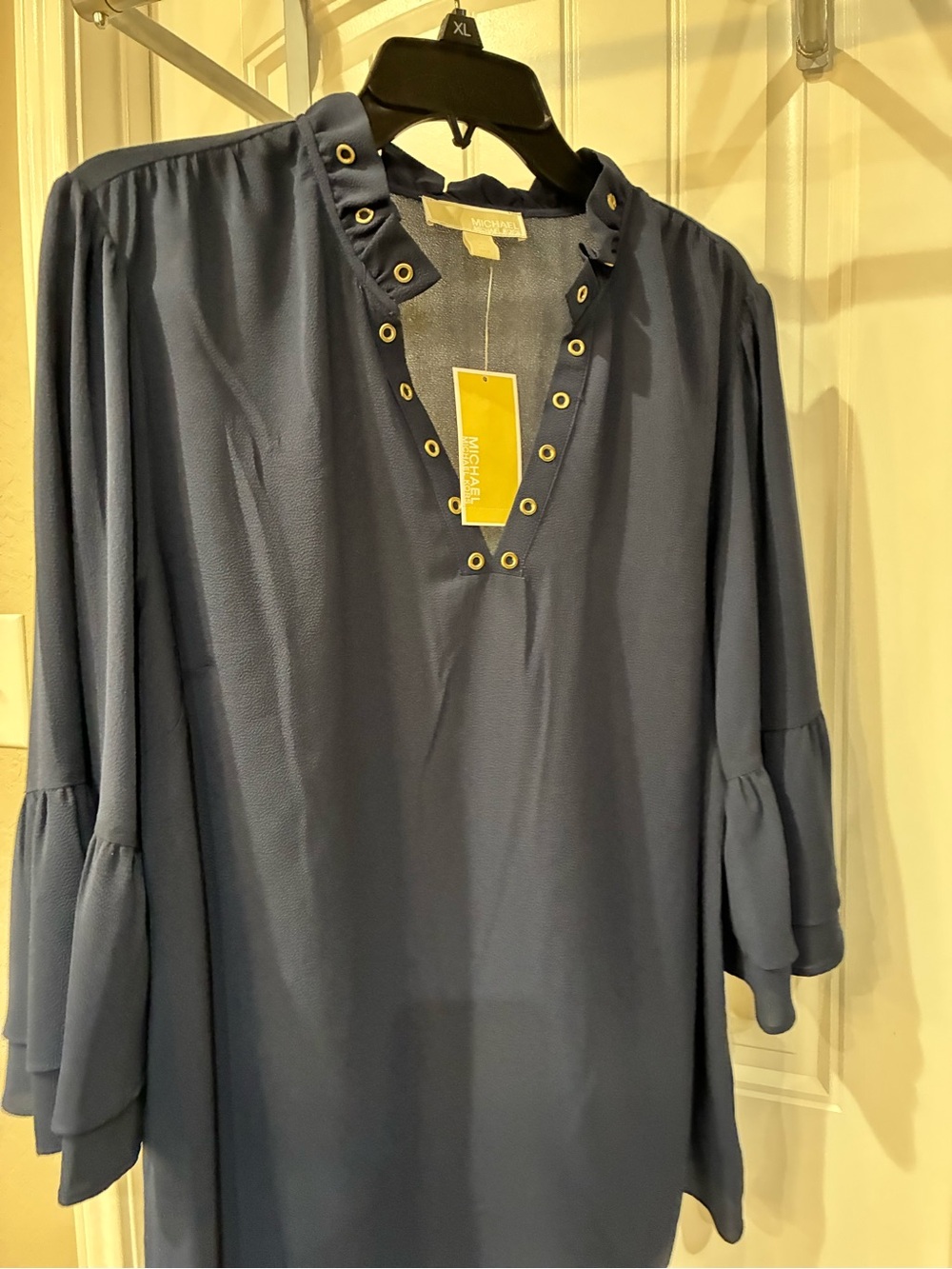 Michael Kors Navy Eyelet V-Neck Tunic with Tiered Bell Sleeves